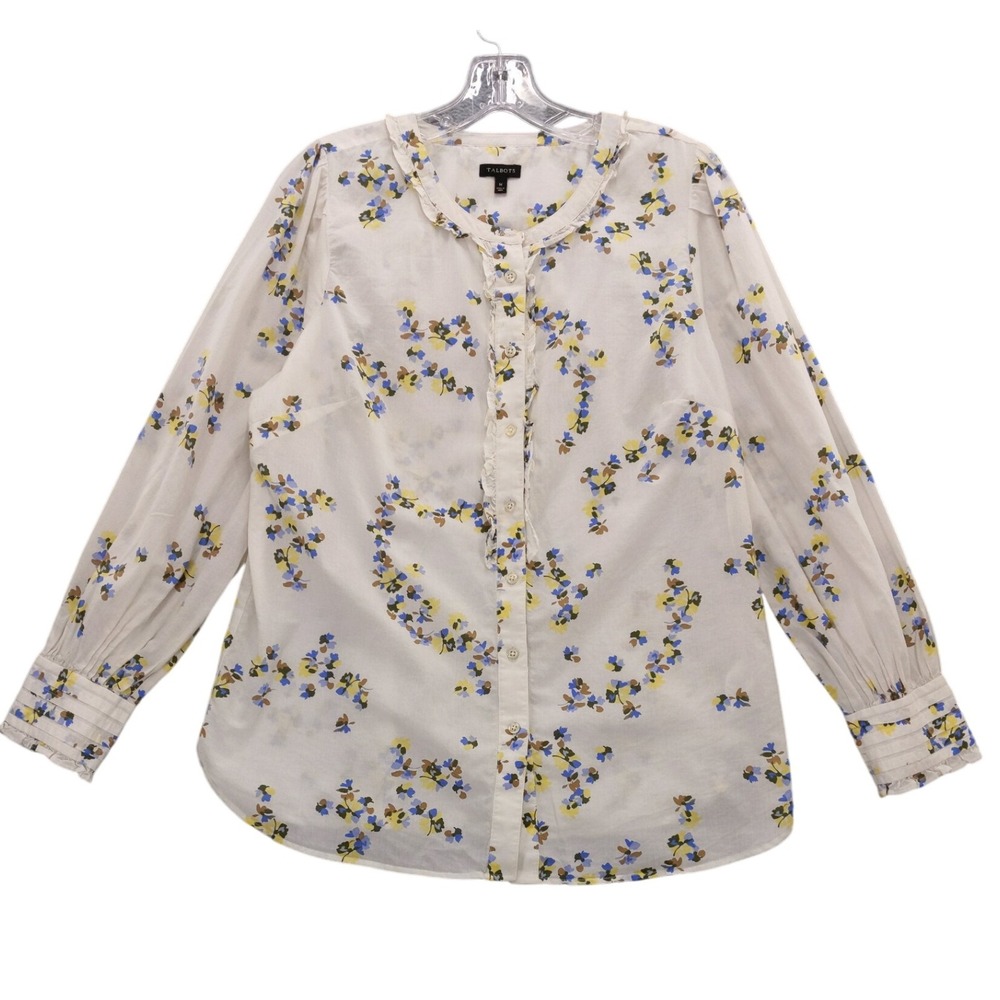Talbots Floral Ruffle Button Down Blouse Long Sleeve Cream‎ Blue Yellow M